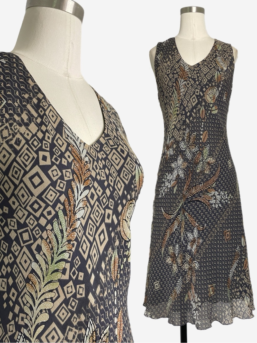 Vintage Y2K Lapis Brown silk floral abstract sleeveless tank dress fall fairy S